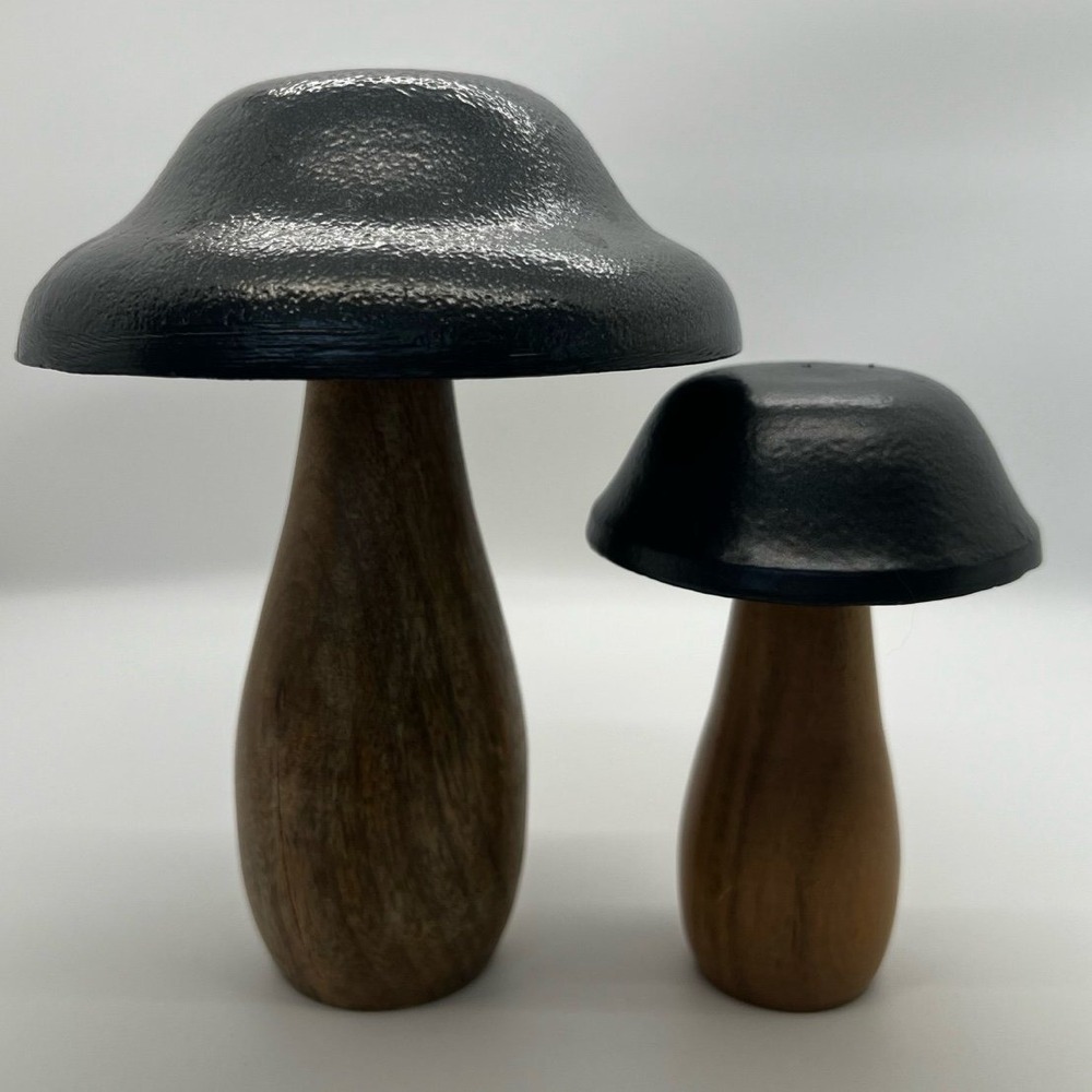 MCM Carved Cap MUSHROOM Wooden Bells Figure Metal & Wood GROOVY Cottage Core